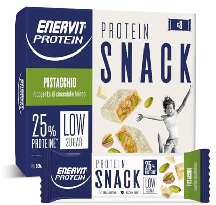 Enervit, Protein Snack al Pistacchio e Cioccolato Bianco, Low Sugar, Ricoperta di Cioccolato Bianco, Barrette Proteiche, Per il Controllo del Peso, Senza Glutine, 8 Barrette da 27g