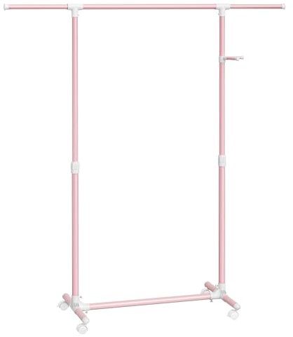 SONGMICS Portant à Vêtements, Porte-Manteau, Porte-vêtements, Hauteur Réglable de 97 à 165 cm, Barre Extensible, Crochets Latéraux pour Accessoires, Rose Bonbon LLR001R02