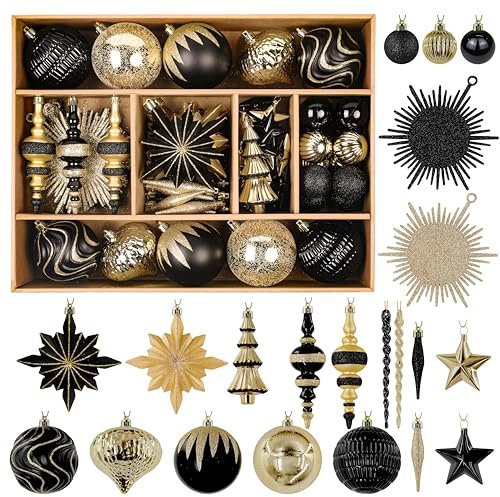 Alupssuc 80pcs Christmas Tree Baubles Xmas Tree Balls Decorations for Christmas Plastic Baubles Hanging Ornament Shatterproof Bulbs Gifts for Tree Party/Home Hanging Decor with Hooks Black and Gold