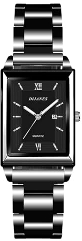 JewelryWe Damenuhr Rechteckige Uhr Damen: Klassische Datum Kalender Analog Quarz Armbanduhr Frauen Schwarz Metallarmband Geschäft Lässige Uhr mit Römischen Ziffern Eckigem Zifferblatt