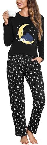 Aseniza Schlafanzug Damen Lang Pyjama Set Baumwolle Langarm für Winter | Rundhals Nachtwäsche Loungewear Zweiteiliger Frauen Schlafanzüge Sleepwear für Zuhause