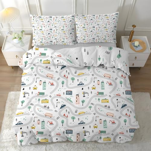Linfye Bettwäsche 140x200 cm Weißer Autojunge Bettwäsche-Sets Bettbezug 140x200 Kinderbettwäsche, Farbmuster Weich Mikrofaser Bettbezüge 3 Teilig mit Reißverschluss + 2 Kissenbezug 80x80 cm