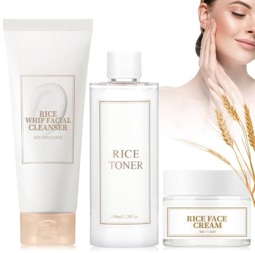 Rice Skincare Kit 3 Piezas, con Rice Limpiador, Rice Toner y Rice Cream, Reparar La Barrera De La Piel, Hidratante, Antienvejecimiento, Crema Facial de Arroz, para Adolescentes y Mujeres