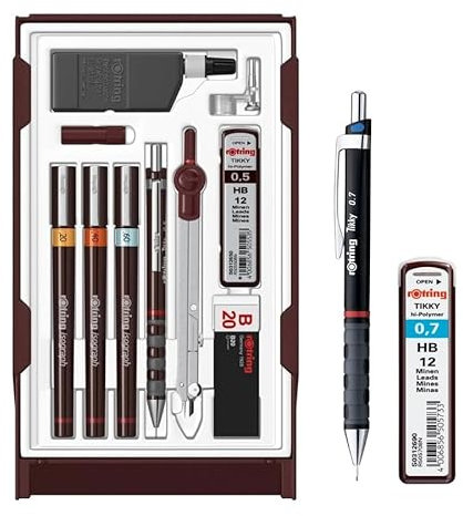 rOtring Isograph Fineliner und Bleistift College-Set, 3 technische Stifte (0,20 mm, 0,40 mm, 0,60 mm) und Druckbleistift (0,5 mm), Schreibgerät-Set