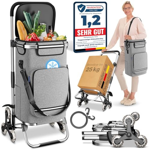 ELONEO Einkaufstrolley Treppensteiger mit Kühlfach, Einkaufsroller klappbar, Shopping Trolley höhenverstellbar, Reflektoren, abnehmbare Tasche 43 L, Hackenporsche (Treppensteiger-Trolley, Silber)