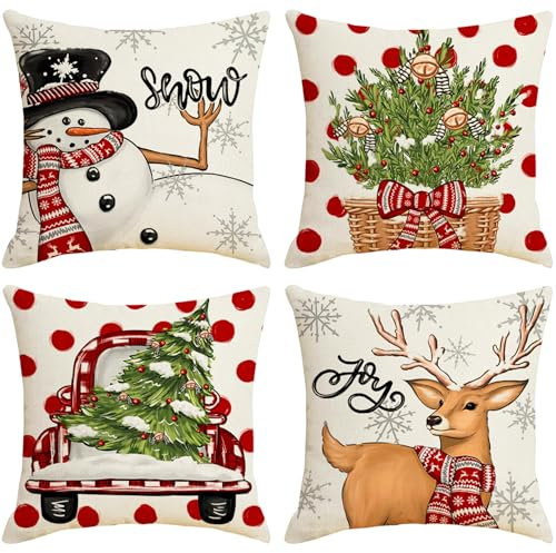 VEEKAY Weihnachten Kissenbezug,4er Set Weihnachtsdeko Kissenhülle 50x50cm,Wendemuster,Leinen Dekorative Zierkissenbezüge,Dekokissen Weihnachtskissenbezug für Sofa Couch Schlafzimmer Wohnzimmer