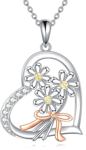 VONALA Daisy Halskette 925 Sterling Silber Daisy und Bogen Anhänger Halskette Geburt Blume Herz Schmuck Geschenke für Ladies Damen