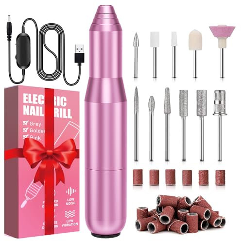FOLAI Torno Para Uñas,11 en 1 Lima Electrica Uñas, Kit de Manicura y Pedicura EléCtrico Profesional,Velocidad Ajustable entregar Anillos de Arenas(Rosado)