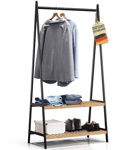 RoyalGrove® Kleiderständer mit 2 Ablagen, Bambus schwarz, Garderobenständer mit stabiler Kleiderstange, Holz Garderobe mit Schuhregal, für Flur, Schlafzimmer, offener Kleiderschrank, 160 x 80 x 44 cm