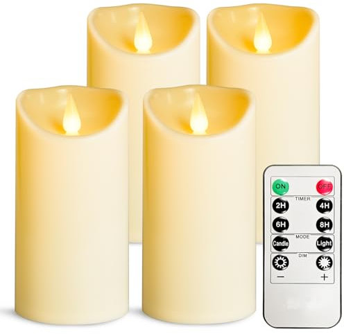 YIWER Flameless LED Candles Outdoor Indoor Battery Operated Flickering Candles with Remote Timers,Won't Melt,Ivory Plastic Candle D3.15 x H6 for Party Christmas Valentine's Day(4 pcs