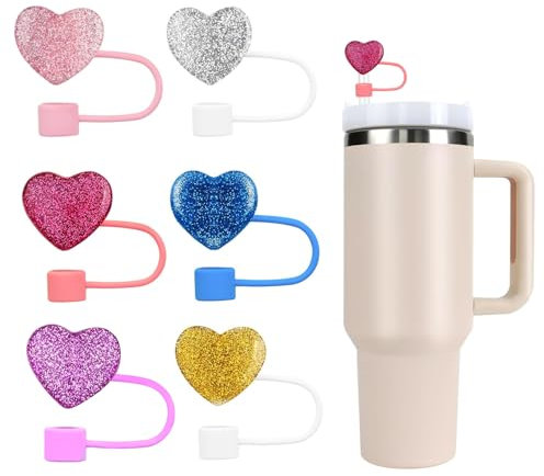6 Pcs Straw Topper Covers, Silicone Reusable Cap Toppers, Compatible with Stanley 30&40 oz, 10mm Straw Toppers for Stanley Cups Straw Accessories (Sparkling Heart)