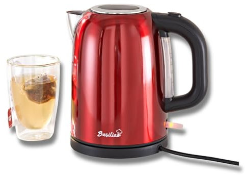 Basilico® Wasserkocher rot-metallic Edelstahl, 1,7 Liter Fassungsvermögen, Abnehmbarer Kalkfilter, tropffreier Ausguss, mit Überhitzungsschutz, Wasserstandsanzeige und Klappdeckel (1850-2200W)
