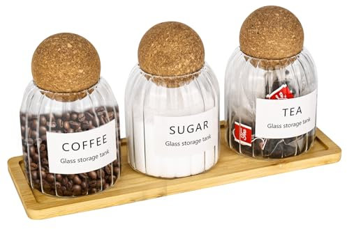 CTDMJ Tea Coffee and Sugar Canisters Set - Set of 3 Cork Ball Glass Jars (500ml / 700ml / 1000ml) Tea Coffee Sugar Canisters Decorative Storage Tins for Home Kitchen