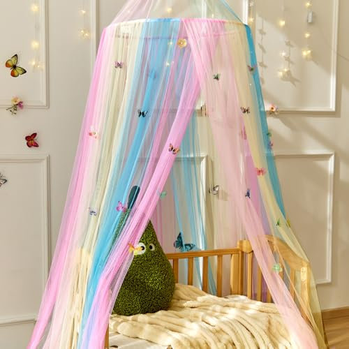 Wnqou Regenbogenbett Vordach mit Schmetterlingen für Mädchen,Atemaktiver Vordach für Bett,Prinzessin Spielzelt für Kinder Zimmer Lese Nook