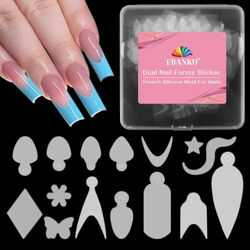 EBANKU 144 pezzi Adesivi per French Nail Forms, Adesivi riutilizzabili in silicone per French Forms, Stencil per manicure morbido