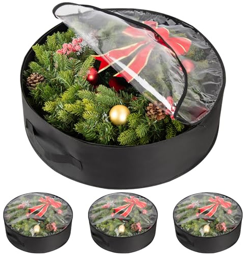 Weihnachtskranz-Aufbewahrungstaschen mit transparentem Fenster, wasserdicht, schwarz, PE/PVC, Urlaubsdekor, Organizer für Girlande, Ornamente, Reißverschluss und Griff (61 x 20 cm)