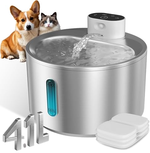 Katzenbrunnen Kabellos mit Bewegungsmelder, 5000 mAh Batteriebetriebener 4,1 L Edelstahl-Trinkbrunnen für Katzen mit leiser Wasserpumpe, Leicht zu reinigender Katzenwasserbrunnen