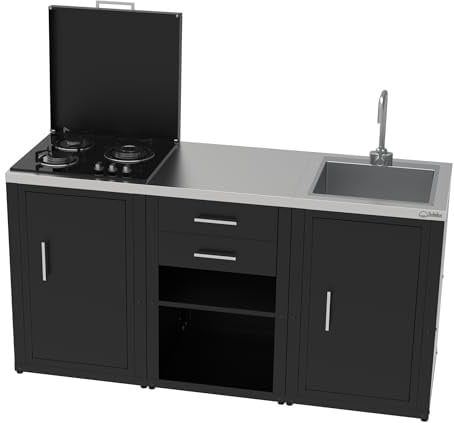 SOLEILUX Set cucina da esterno a gas 3 elementi con lavello, rubinetto e tagliere con 2 cassetti estraibili - struttura in acciaio e piano in acciaio inox - Nero