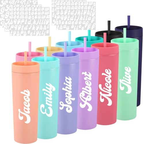 Honeydak 12 Pcs Personalized 20oz Skinny Tumblers with Lids Straws and 5 Pcs UV DTF Cup Wrap Letter Stickers, Multicolor Double Wall Plastic Tumbler Bulk Name Decals for Christmas DIY Custom Gifts