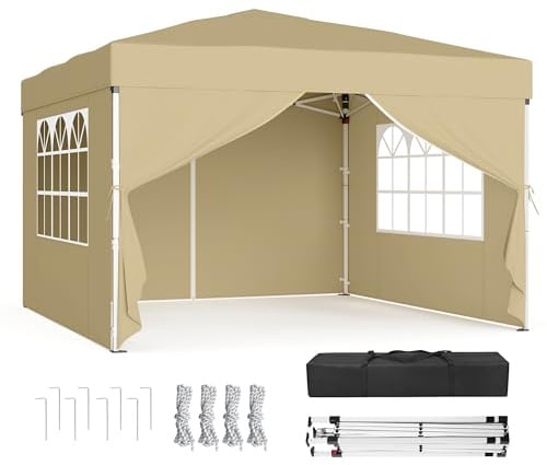 SONGMICS Pavillon, 3 x 3 m mit Seitenwänden, Faltpavillon, Partyzelt | Gartenpavillon, Sonnenschutz, leichter Regenschutz, für Hof, Garten, Markt, Party, beige, SHELD Kollektion GCT104LZ01