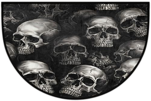 Mexpekil Fußmatte mit Totenkopf-Motiv, für drinnen und draußen, rutschfest, waschbar, halbrund, saugfähig, halbrund, 61 x 91 cm, Schwarz