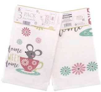 COUNTRY CLUB 100% Cotton Pack of 3 Home Sweet Home Daisy Design Velour Kitchen Tea Towels