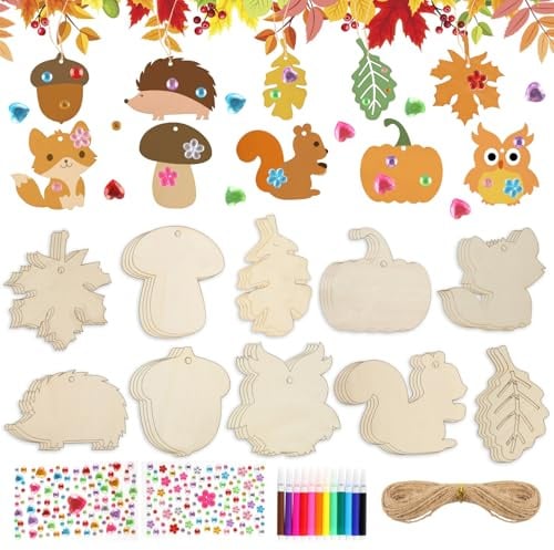 55 Stück Bastelsets für Kinder,Herbst Deko Anhänger,Herbst Basteln Kinder | Herbst Basteln mit Kindern,Herbstblätter, Kürbisse, Igel, Kastanien Holzanhänger zum Bemalen für DIY Basteln Mädchen Jungen