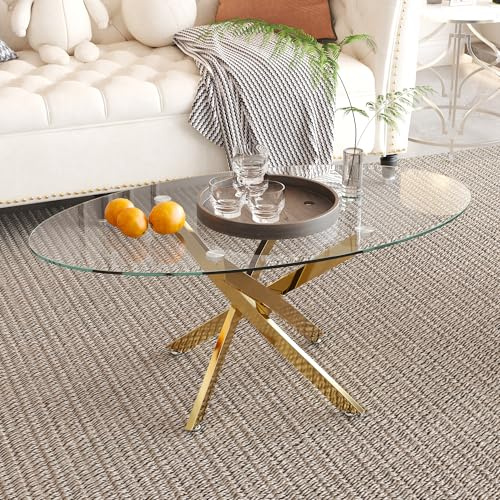 GOLDFAN Oval Glass Coffee Table with Gold Crossed Legs, Modern Clear Tempered Glass Centre Table for Living Room, Office, Apartment or Lounge