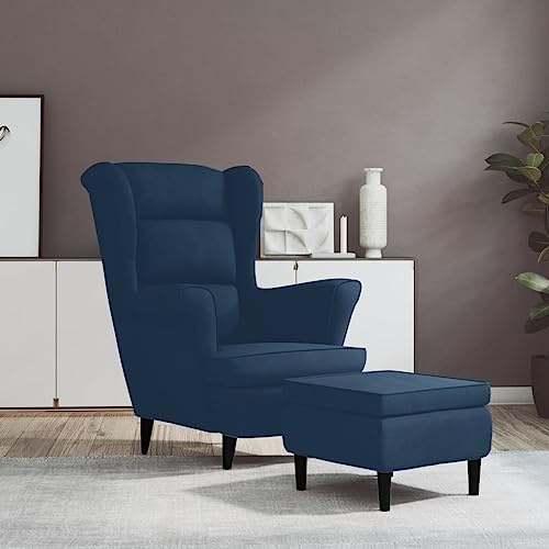 Massbinet Ohrensessel mit Hocker Polyester-Bezug Fernsehsessel Armlehnensessel Polstersessel Relaxsessel Cocktailsessel Stilvolles Design Blau Samt