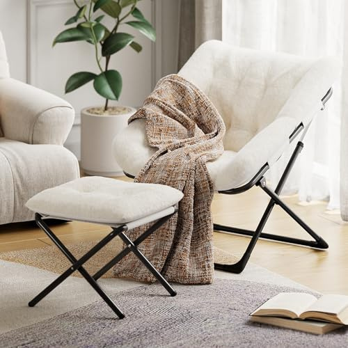 RBFGYIOP Folding Lounge Chair with Ottoman - Comfy Super Soft Oversized Saucer Chair, Iron Frame + Rabbit Fur Comfort Armchair for Living Room, Bedroom, Dorm | Plush Support