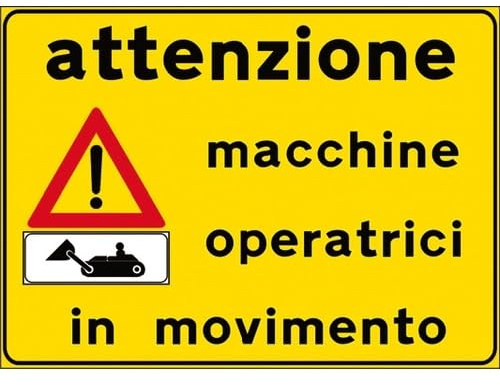Segnale Temporaneo da Cantiere Attenzione Macchine Operatrici in Movimento, Giallo, 90x60 cm