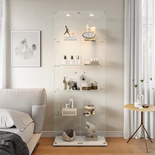 Hoscullo Glasvitrine Stehend mit LED und Schloss, Standvitrine aus Gehärtetem Glas mit 2 Tür und 5 Einlegeböden, Vitrine Wohnzimmer stehend für Figuren Modelle Pokale Sammlervitrine (Weiß)