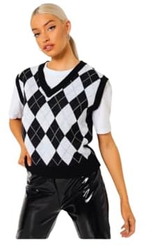 Womens Argyle Knitted V-Neck Sleeveless Pullover Sweater Vest, Ladies Diamond Pattern Tank Top, Soft Stretch Knit Top Sizes 8-22 (UK, Alpha, M, L, Regular, Regular, Black-White)