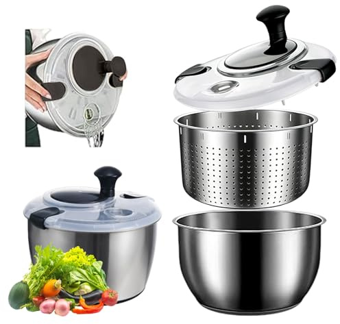 HAOSJINY Centrifuga per insalata da 5 l, in acciaio inox, con coperchio, per uso alimentare, base antiscivolo, efficiente per la preparazione di insalate e la pulizia degli alimenti