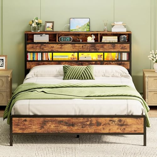 IRONCK King Size Bed Frame with Storage Headboard, 3-Tier Shelves, 150x200 | Ambient LED Lights, Charging Station ( 2 UK Sockets + USB-A & USB-C Ports), Underbed Space, 5ft Metal Bed Bedroom, Home