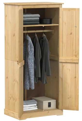 Bendmaxx Kleiderschrank Corona aus massivem Kiefernholz mit Metallgriffen 76x50x170 cm Stauraum für Kleidung, Wäsche, Garderobe, Schlafzimmer oder Flur, robuster Schrank mit Regalboden und Tür