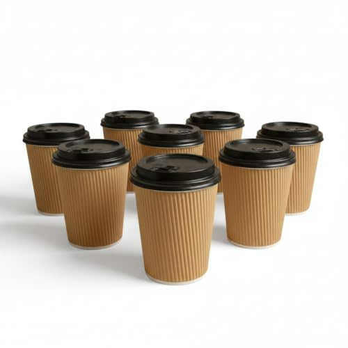 NATION PACK - 50 x 12oz Brown Ripple Wall Paper Coffee Cups & 50 Free Black Lids Included, Triple Wall Insulated, Leak-Proof, Disposable Paper Cups for Hot & Cold Drinks (with Lids)
