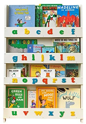 Tidy Books ® Bücherregal Kinder, Cremeweiß buntes ABC Alphabet, Bücherregal Kinderzimmer Holzbuchstaben, Montessori Material Kinderregal, 115x77x7cm, Handgefertigt, Nachhaltig, Das Original seit 2004
