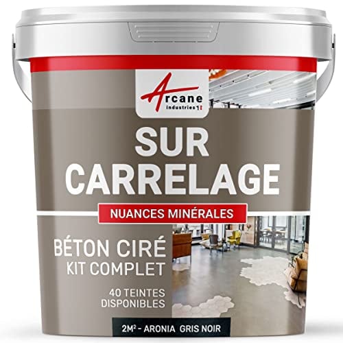 Béton ciré sur carrelage, cuisine, salle de bain, mural, sol, plan de travail, décoratif, revêtement, douche, kit - 2 m² (en 2 couches) Aronia Gris Noir - ARCANE INDUSTRIES