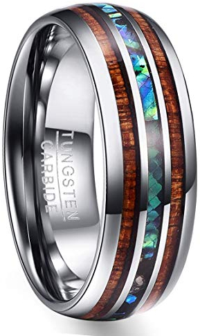 NUNCAD Ring für Herren Silber Wolframring mit Abalone Muschel 8mm Breit Holz Ring Partringe Verlobungsring Poliert Dom Größe 72(22.9)