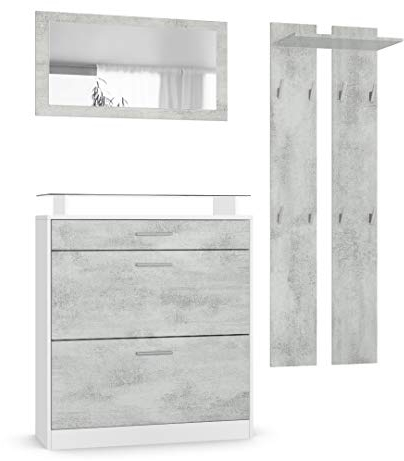 Vladon Garderobe Loret mini, Garderobenset bestehend aus 1 Schuhschrank, 1 Wandspiegel und 2 Garderobenpaneele, Weiß matt/Beton Oxid-Optik
