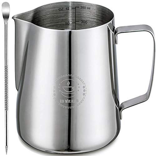Milk Frothing Pitcher 12oz, Espresso Steaming Pitchers 350ml, Frother cup, Coffee Cappuccino Latte Art,304 Stainless Steel Jug with Decorating Art Pen