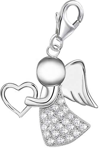 Goldene Hufeisen Schutzengel Herz Karabiner Charm Anhänger für Bettelarmband oder Charmkette Charmträger Silber 925 mit Zirkonia (Klar)