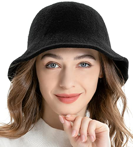 Damen Winter Kuppel Wolle Fischerhüte England Stricken Warm Solide Fedora (Schwarz),Einheitsgröße