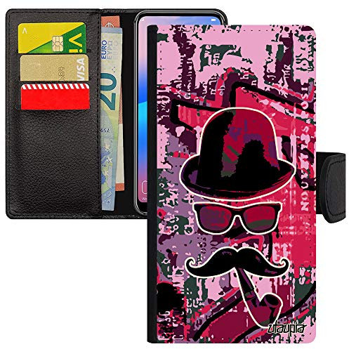 utaupia Coque pour Honor 9 Cuir Rabat Portefeuille Monsieur Moustache Pas Cher Chapeau Melon Portable Pipe magnetique Rose Lunette Telephone Noir