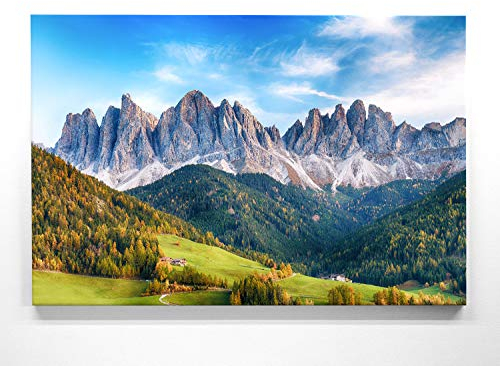 Atemberaubendes Berg Bild Dolomiten, Santa Maddalena Italien - 120x90cm große XXL Leinwand. Wandbild als Hintergrund und Deko für Wohnzimmer & Schlafzimmer. Fertig aufgespannt auf 4cm Holz-Keilrahmen