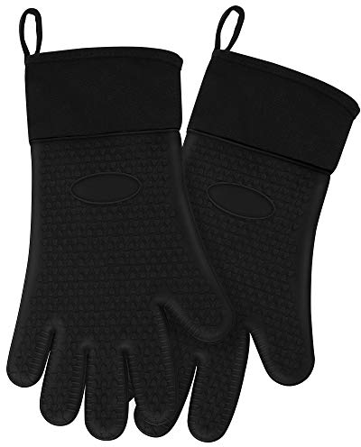 sourcing map Paire de gants de cuisine en silicone résistants à la chaleur avec boucle de suspension Noir
