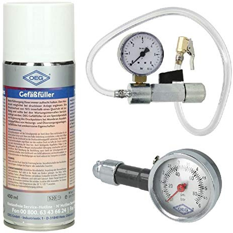 OEG Gefäßfüller SET inkl. Adapter mit Manometer & Vordruckprüfer für Ausdehnungsgefäße (1x Gefäßfüller inkl. Adapter & Vordruckpr. analog)