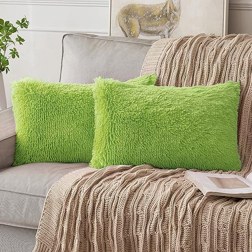 ANRODUO Grinch grüne Dekokissenbezüge, luxuriös, flauschiges Kunstfell, dekorative Kissen, Plüsch-Kissenbezug, flauschiger mongolischer Merin-Stil, für Bett, Couch, Wohnzimmer, Sommerdekoration, 30,5