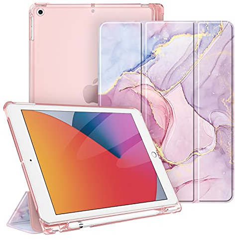 Fintie Hülle für iPad 9. Generation 2021/8. Gen 2020/7. Gen 2019 10.2 Zoll mit Stifthalter, ultradünne leichte Schutzhülle mit transparenter Rückseite und Auto Schlaf/Wach Funktion, Marmor Rosa